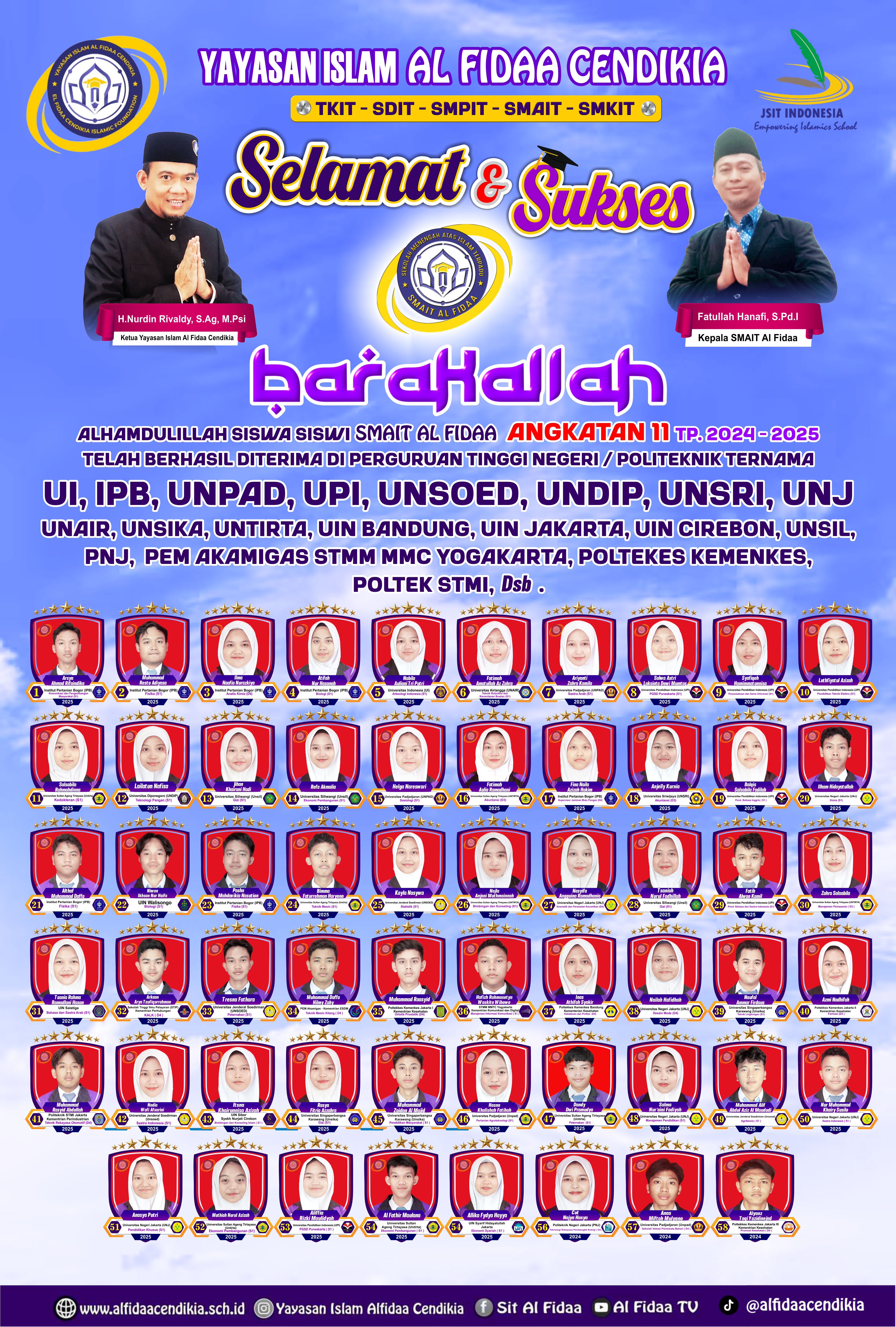 Barakallah Selamat dan Sukses Siswa Siswi SMAIT Al Fidaa Angkatan 11 yang telah diterima di berbagai perguruan tinggi negeri ternama melalui jalur SNBP, SNBT, SELEKSI RAPORT, dan MANDIRI